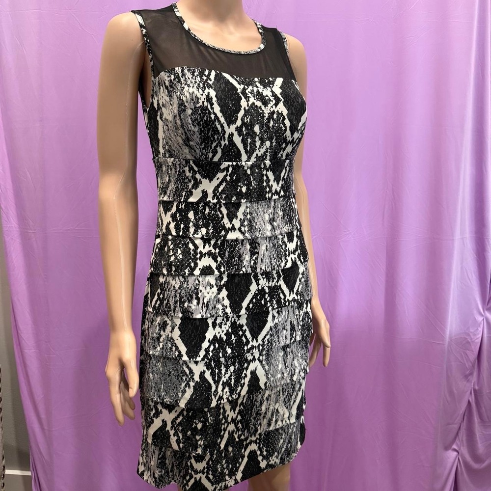 En Focus Studio Womens Snakeskin Print Tiered Mesh Dress Black White 9114-27900